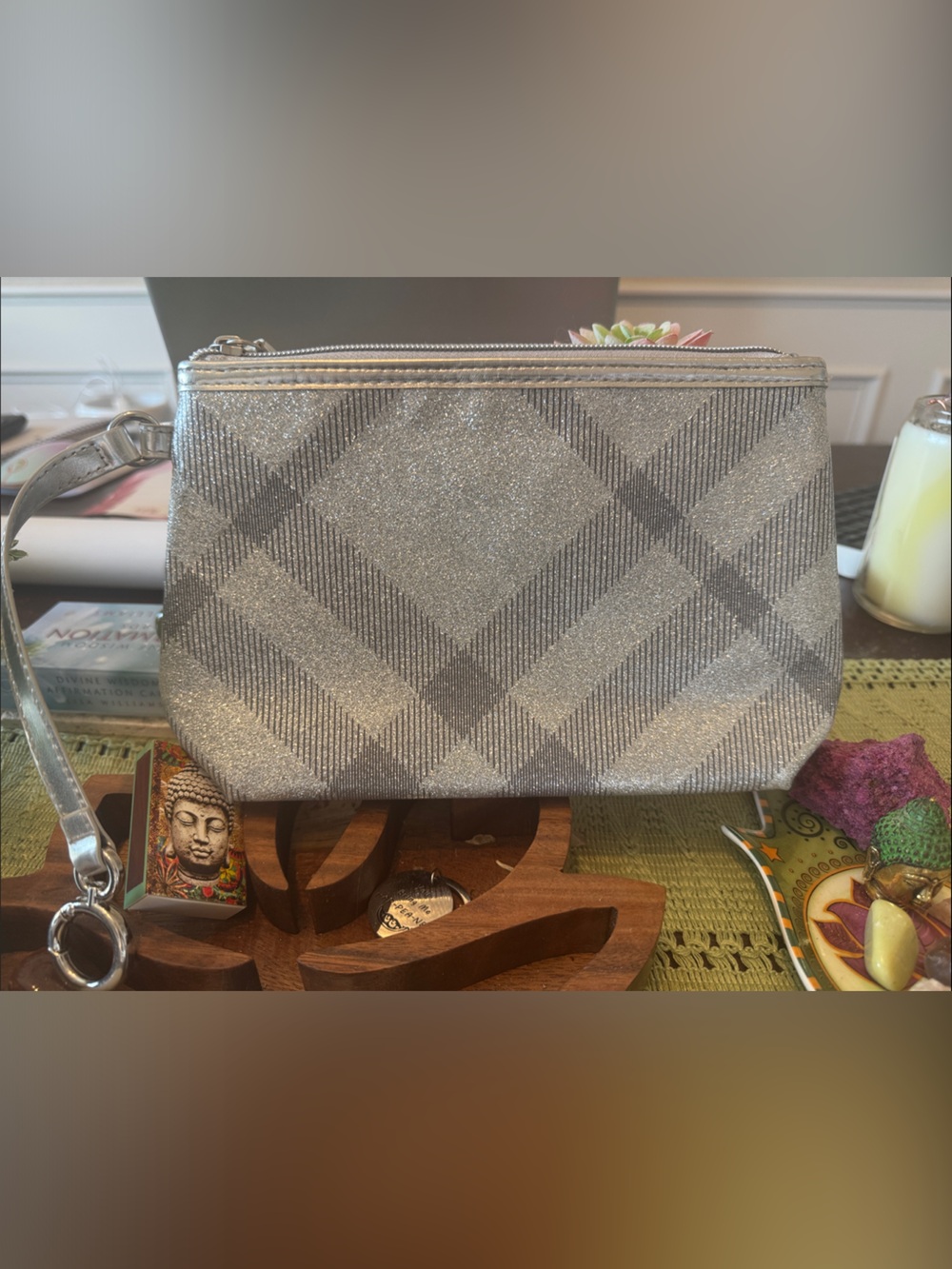 Burberry Metallic Silver Plaid Wristlet Cosmetic Pouch